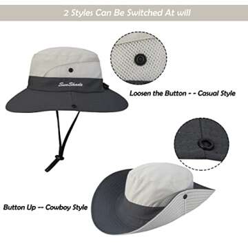 Women's Outdoor UV-Protection-Foldable Sun-Hats Mesh Wide-Brim Beach Fishing Hat with Ponytail-Hole Beige/Grey