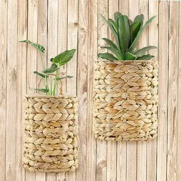 AuldHome Design Water Hyacinth Baskets (Set of 2); Wall Hanging Woven Rustic Farmhouse Door Baskets,...