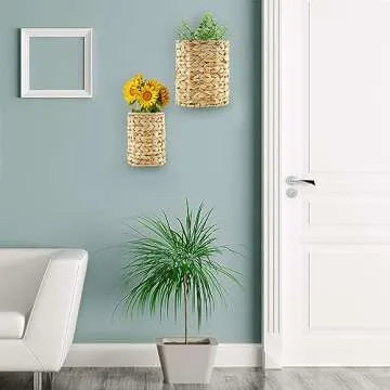 AuldHome Design Water Hyacinth Baskets (Set of 2); Wall Hanging Woven Rustic Farmhouse Door Baskets, Small and Medium Size