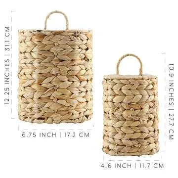 AuldHome Design Water Hyacinth Baskets (Set of 2); Wall Hanging Woven Rustic Farmhouse Door Baskets, Small and Medium Size