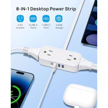 TROND Travel Power Strip with USB Ports, 5ft Flat Plug Extension Cord with Multiple Outlets, Small W...