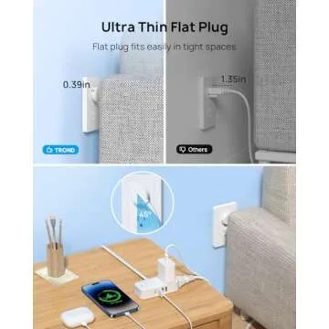 TROND Travel Power Strip with USB Ports, 5ft Flat Plug Extension Cord with Multiple Outlets, Small Wall Mount Extender Adapter for Office Dorm Room Essentials, White