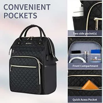 EMPSIGN 17 Inch Laptop Backpack for Women, Work Business Travel Computer College Bags, Large Capacity Water-repellent Quilted Casual Daypack with USB Port, Black