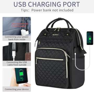 EMPSIGN 17 Inch Laptop Backpack for Women, Work Business Travel Computer College Bags, Large Capacity Water-repellent Quilted Casual Daypack with USB Port, Black