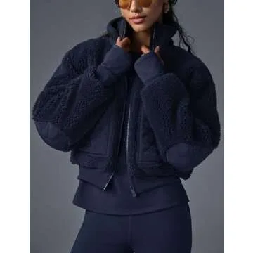 IMCTAH Womens Winter Trendy Full Zipper Fleece Jackets Long Sleeve Relaxed Warm Sherpa Coats with Pockets(Navy-L)