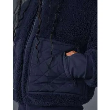IMCTAH Womens Winter Trendy Full Zipper Fleece Jackets Long Sleeve Relaxed Warm Sherpa Coats with Pockets(Navy-L)