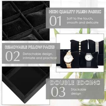 Henoyso 2 Pieces Black Velvet Watch Tray Jewelry Organizer 12 Grid Stackable Watch Bracelet Bangle Display Holder Adjustable Pillow