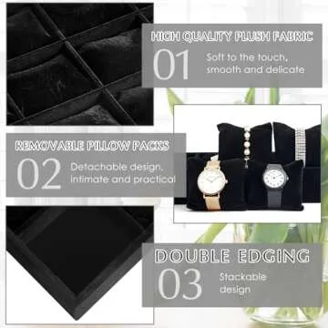 Henoyso 2 Pieces Black Velvet Watch Tray Jewelry Organizer 12 Grid Stackable Watch Bracelet Bangle Display Holder Adjustable Pillow