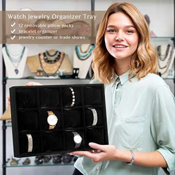 Henoyso 2 Pieces Black Velvet Watch Tray Jewelry Organizer 12 Grid Stackable Watch Bracelet Bangle Display Holder Adjustable Pillow