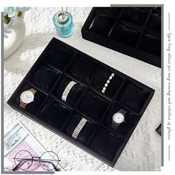 Henoyso 2 Pieces Black Velvet Watch Tray Jewelry Organizer 12 Grid Stackable Watch Bracelet Bangle Display Holder Adjustable Pillow