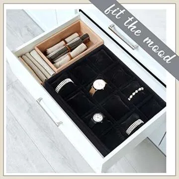 Henoyso 2 Pieces Black Velvet Watch Tray Jewelry Organizer 12 Grid Stackable Watch Bracelet Bangle Display Holder Adjustable Pillow