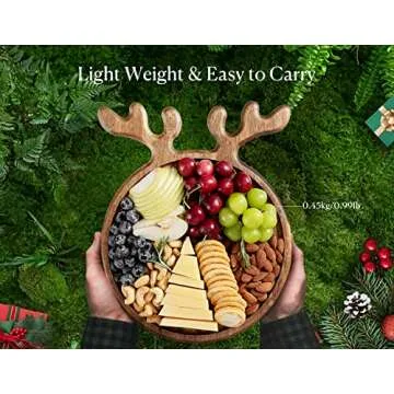 Dofira Acacia Wood Serving Platter, Decorative Deer Antler, 15" Round Wooden Food Dish Display Plate, Charcuterie Board Tray for Cheese Fruit, Kitchen Gift for Housewarming Box