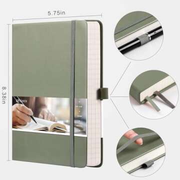 EMSHOI Graph Paper Notebook - 256 Pages A5 Graph Notebook/Journal, Hard Cover, 120gsm Thick Paper, Smooth PU Leather, Inner Pocket, 5.75'' × 8.38''- Olive Green
