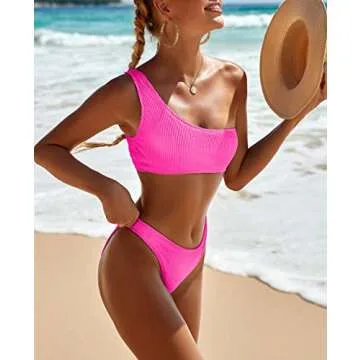 Stylish YIMISAN Women's Bikini Set - One Shoulder Hot Pink