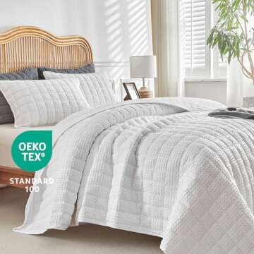 WARMDERN Waffle Weave Quilt Set King Size, Soft Lightweight Summer Classic Checkered Quilt White Bed...