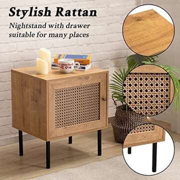 ALIMORDEN Mid-Century Nightstand with 2 Shelves, Rattan Stylish End Table Wood Finish & Matte Accents with Spacious Storage and Woven Fronts for Living Room, Bedroom