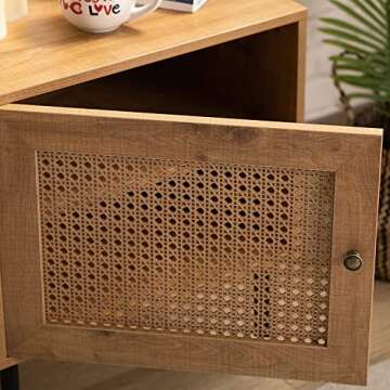 ALIMORDEN Mid-Century Nightstand with 2 Shelves, Rattan Stylish End Table Wood Finish & Matte Accents with Spacious Storage and Woven Fronts for Living Room, Bedroom