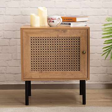 ALIMORDEN Mid-Century Nightstand with 2 Shelves, Rattan Stylish End Table Wood Finish & Matte Accents with Spacious Storage and Woven Fronts for Living Room, Bedroom