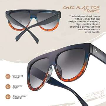 Women's Oversized Flat Top Fashion Sunglasses Trendy Big Square Designer Retro Sun Glasses Shades