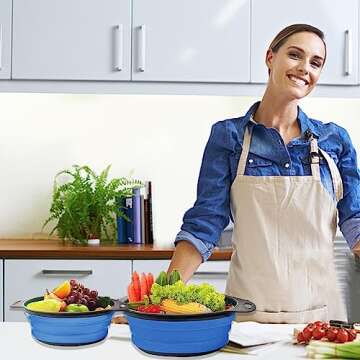 Collapsible Colander, Set of 2 PCS Collapsible Strainer, Space-Saving Kitchen Strainer, Food-Grade Silicone Folding Strainer Colander with Handle (Blue)