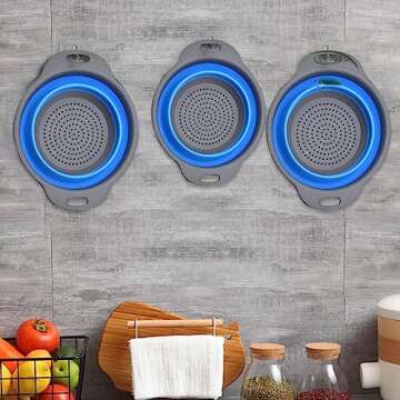 Collapsible Colander, Set of 2 PCS Collapsible Strainer, Space-Saving Kitchen Strainer, Food-Grade Silicone Folding Strainer Colander with Handle (Blue)