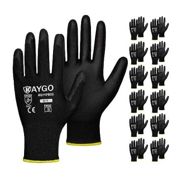 KAYGO Safety Work Gloves PU Coated 12 Pairs KG11PB Seamless Knit Glove for Men and Women with Smooth...
