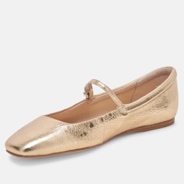 Riekhany Mary Jane Ballet Flats for Women Casual Square Toe Low Heel Slip On Flats Comfortable Ankle Buckle Strap Ballerina Shoes Gold