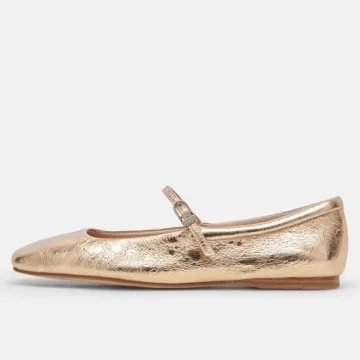 Riekhany Mary Jane Ballet Flats for Women Casual Square Toe Low Heel Slip On Flats Comfortable Ankle Buckle Strap Ballerina Shoes Gold