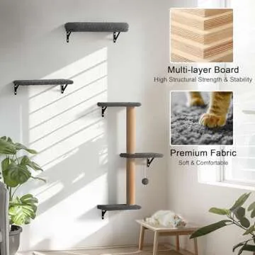 FUKUMARU Cat Wall Shelves, Stable & Safe 4 in 1 Cat Wall Furniture Set, Wooden Cat Climbing Wall with Scratching Post for 16 Inch Drywall - Gray