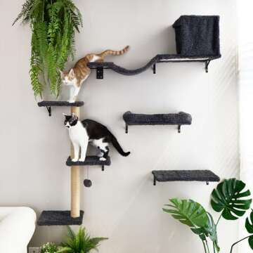 FUKUMARU Cat Wall Shelves, Stable & Safe 4 in 1 Cat Wall Furniture Set, Wooden Cat Climbing Wall with Scratching Post for 16 Inch Drywall - Gray