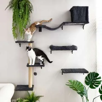 FUKUMARU Cat Wall Shelves, Stable & Safe 4 in 1 Cat Wall Furniture Set, Wooden Cat Climbing Wall with Scratching Post for 16 Inch Drywall - Gray