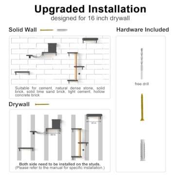 FUKUMARU Cat Wall Shelves, Stable & Safe 4 in 1 Cat Wall Furniture Set, Wooden Cat Climbing Wall with Scratching Post for 16 Inch Drywall - Gray
