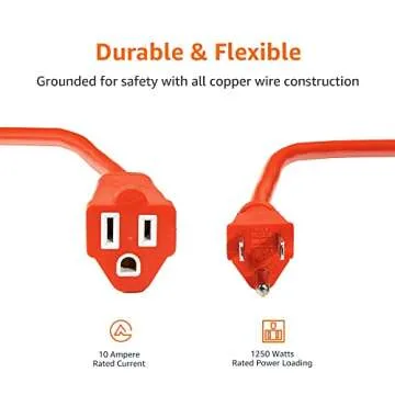 Amazon Basics Heavy Duty 100-Foot 3-Prong Vinyl Indoor/Outdoor Extension Cord - 10 Amps, 1250 Watts, 125 VAC - Orange