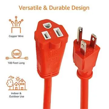 Amazon Basics Heavy Duty 100-Foot 3-Prong Vinyl Indoor/Outdoor Extension Cord - 10 Amps, 1250 Watts, 125 VAC - Orange
