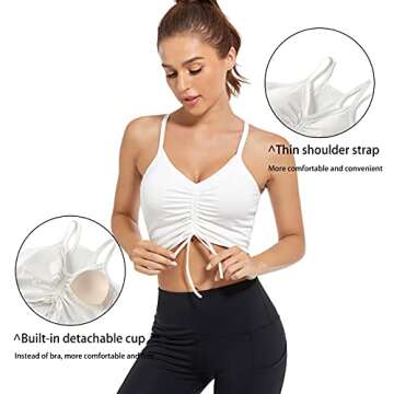 Coinpond Strappy Longline Sports Bras for Women Cute Padded Yoga Bras Workout Crop Bra Tank Top for Gym Fitness Running (White, L)
