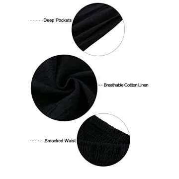 Vansha Women Summer High Waisted Cotton Linen Palazzo Pants Wide Leg Long Lounge Pant Trousers with Pocket Black XL