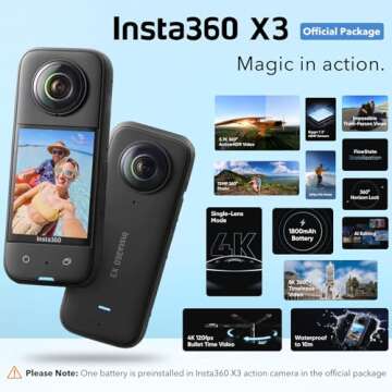 Insta360 X3 - Waterproof 360 Action Camera with 1/2/'' 48MP Sensors, 5.7K 360 Active HDR Video, Bund...