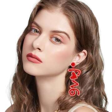 Aksod Valentine Day Earrings Red Love Earrings Dangle Glitter Heart Earrings Studs Handmade Beaded Love Letter Earrings Jewelry for Women (Style E)