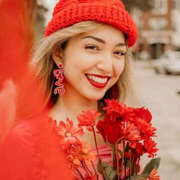 Aksod Valentine Day Earrings Red Love Earrings Dangle Glitter Heart Earrings Studs Handmade Beaded Love Letter Earrings Jewelry for Women (Style E)