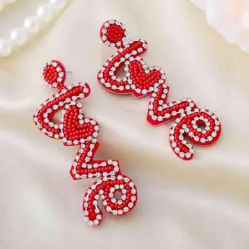 Aksod Valentine Day Earrings Red Love Earrings Dangle Glitter Heart Earrings Studs Handmade Beaded Love Letter Earrings Jewelry for Women (Style E)