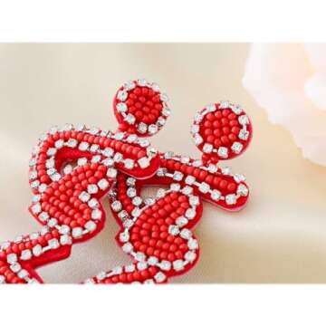 Aksod Valentine Day Earrings Red Love Earrings Dangle Glitter Heart Earrings Studs Handmade Beaded Love Letter Earrings Jewelry for Women (Style E)