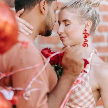 Aksod Valentine Day Earrings Red Love Earrings Dangle Glitter Heart Earrings Studs Handmade Beaded Love Letter Earrings Jewelry for Women (Style E)