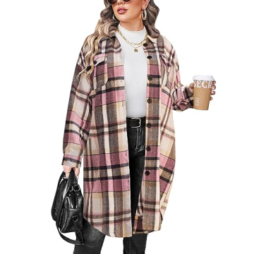 IN'VOLAND Plus Size Flannel Plaid Shirt Long Sleeve Stylish Jacket