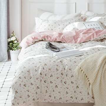 HighBuy Girl Floral Duvet Cover Queen Cotton Pink Flower Coquette Bedding Comforter Covers Queen Bedding Set Pink White Lightweight Soft for Girls Garden Style Duvet Cover Queen for Children
