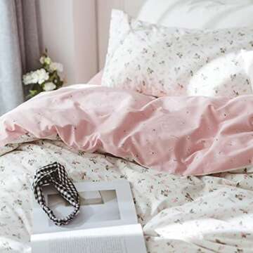 HighBuy Girl Floral Duvet Cover Queen Cotton Pink Flower Coquette Bedding Comforter Covers Queen Bedding Set Pink White Lightweight Soft for Girls Garden Style Duvet Cover Queen for Children