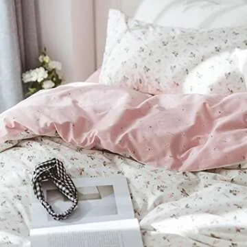 HighBuy Girl Floral Duvet Cover Queen Cotton Pink Flower Coquette Bedding Comforter Covers Queen Bedding Set Pink White Lightweight Soft for Girls Garden Style Duvet Cover Queen for Children