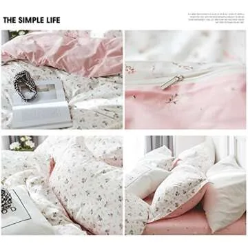 HighBuy Girl Floral Duvet Cover Queen Cotton Pink Flower Coquette Bedding Comforter Covers Queen Bedding Set Pink White Lightweight Soft for Girls Garden Style Duvet Cover Queen for Children