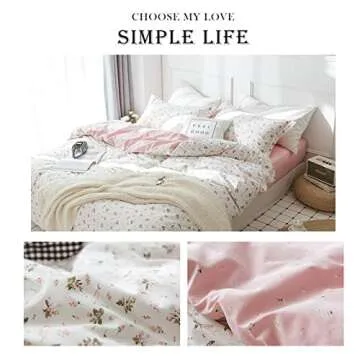 HighBuy Girl Floral Duvet Cover Queen Cotton Pink Flower Coquette Bedding Comforter Covers Queen Bedding Set Pink White Lightweight Soft for Girls Garden Style Duvet Cover Queen for Children