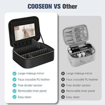COOSEON Travel Makeup Organizer Bag with Mirror (Small), Portable Storage Train Case with 3pcs Adjus...