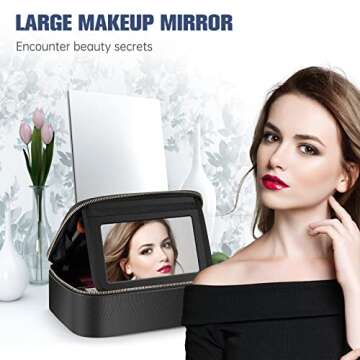 COOSEON Travel Makeup Organizer Bag with Mirror (Small), Portable Storage Train Case with 3pcs Adjustable Dividers for Women Cosmetics, Makeup Brushes, Toiletries, and Accessories